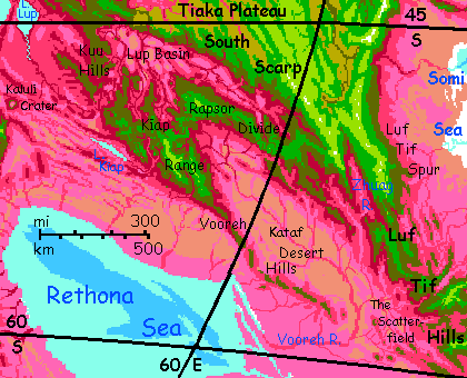 Map of the various hills south of Tiak Plateau, southwestern Crunch, on Capsica, a small world hotter and drier than Earth.