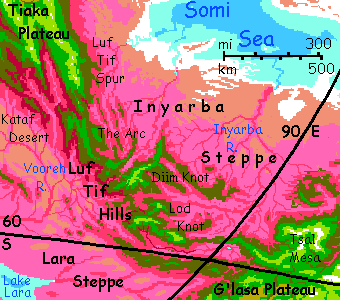 Map of Luf Tif Hills & surrounding steppes, southwestern Crunch, on Capsica, a small world hotter and drier than Earth.