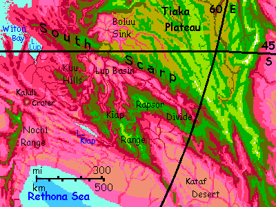 Map of southern Tiak Plateau, southwestern Crunch, on Capsica, a small world hotter and drier than Earth.