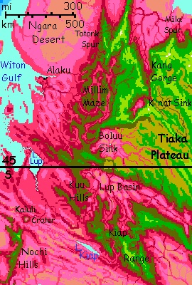 Map of western Tiak Plateau, southwestern Crunch, on Capsica, a small world hotter and drier than Earth.