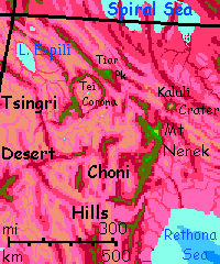 Map of the Espili Basin in Tsingri Desert, southwestern Crunch, on Capsica, a small world hotter and drier than Earth.