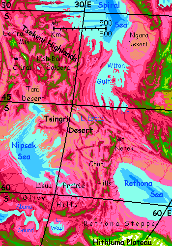 Map of Tsekeni Highlands & Tsingri Desert in the southwest Crunch, on Capsica, a hot planet.