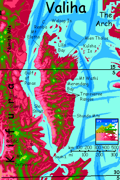 Map of Valiha, a Madagascar-sized island off eastern Kifura, a large equatorial continent on Capsica, a small world hotter and drier than Earth.