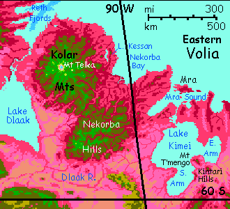 Map of the Nekorba and Kolar ranges in east Volia, on Capsica, a hot planet.