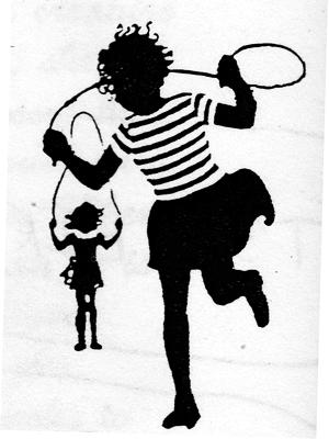 Silhouettes of girls skipping rope . Stamp art, source unknown.