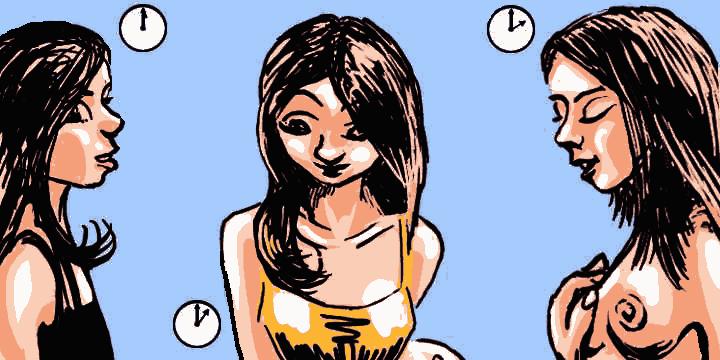 Sketch of a dream by Wayan: child at noon, pubescent at 1 PM, breasts at two PM!