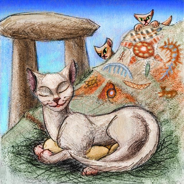 A white cat on a nest of cat eggs; Chumash rock art in background. Dream sketch by Wayan. Click to enlarge.