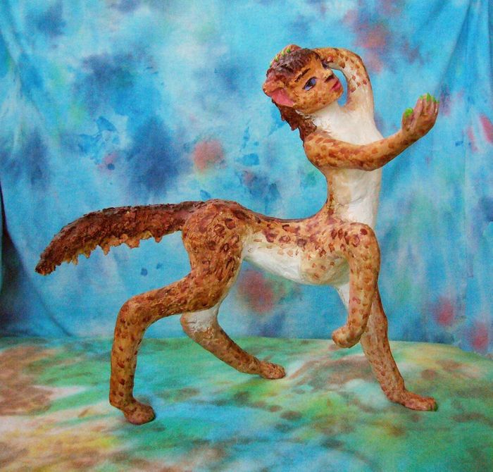 A centauroid feline dancer, Parda, native to Atlantis on Abyssia, an Earth where up is down, sea is land; sculpted 2011 by Wayan. Click to enlarge.
