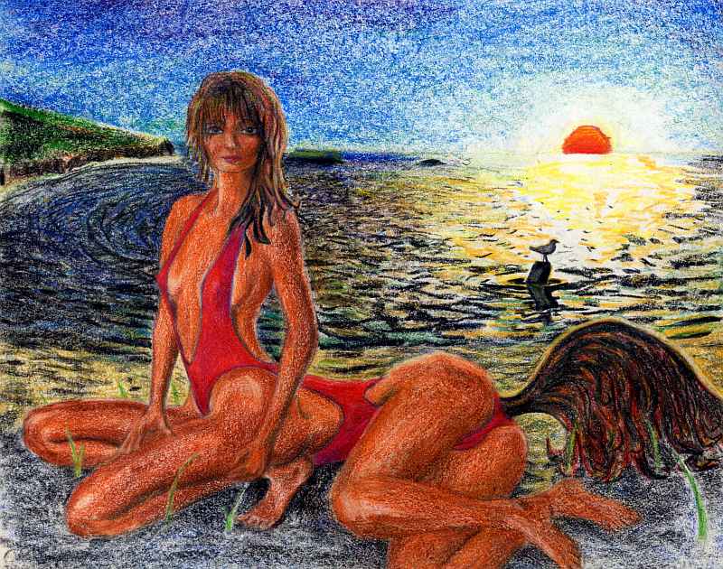 Paulina Porizkova as a centaur model posing on beach at sunset in red swimsuit. Click to enlarge.
