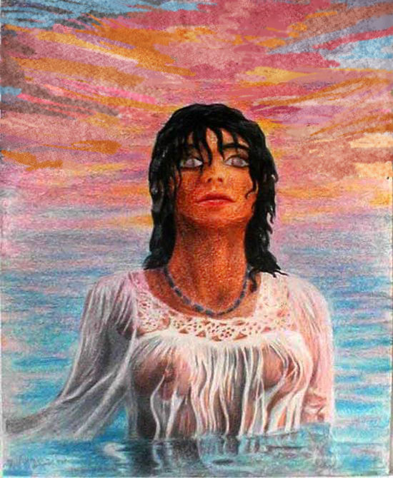erasable crayon drawing of woman in gauzy white shirt or robe, rising from the sea