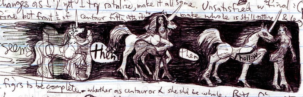 A centaur peels apart into a unicorn and a faun-like hoofed girl--and the parts argue! Ink dream-journal sketch by Wayan.