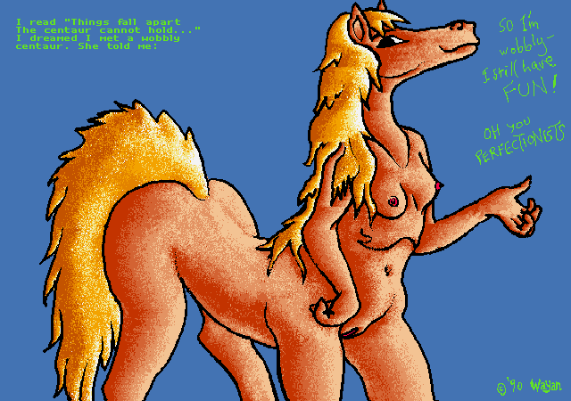 A dream of a cheerful cartoony centaur woman who said: 'So I'm wobbly--I still have fun! Oh, you perfectionists!'