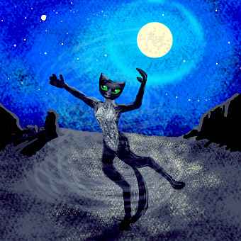 A lanky black cheetah dancing in desert moonlight