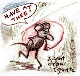 Ignatz Mouse throws a brick, yelling 'Have at thee!'