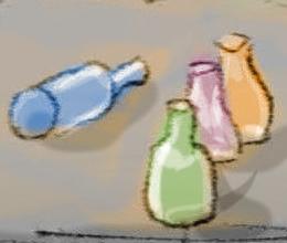 Little bottles on a stone slab; dream sketch by Wayan. Click to enlarge.
