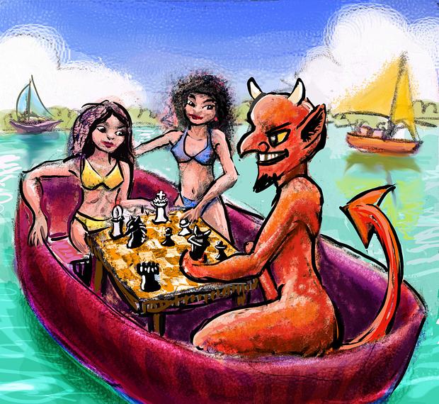 Boats on a lake; girls flirt with a chess-playing devil. Dream sketch by Wayan. Click to enlarge.