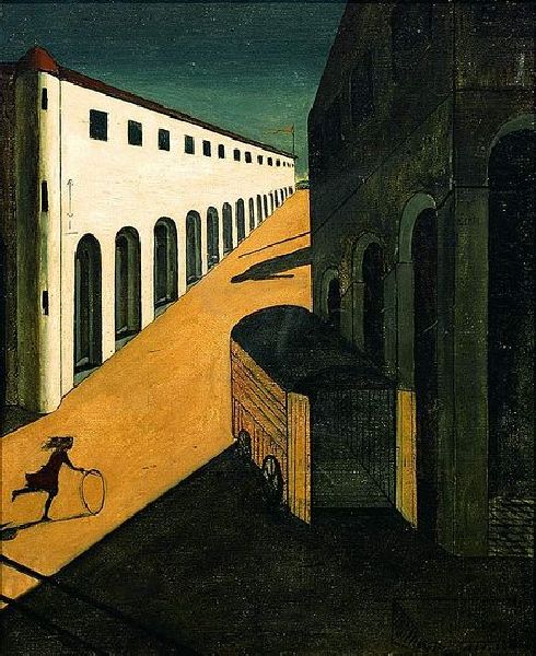 'Mystery and Melancholy of a Street', painted by Giorgio de Chirico. Click to enlarge.