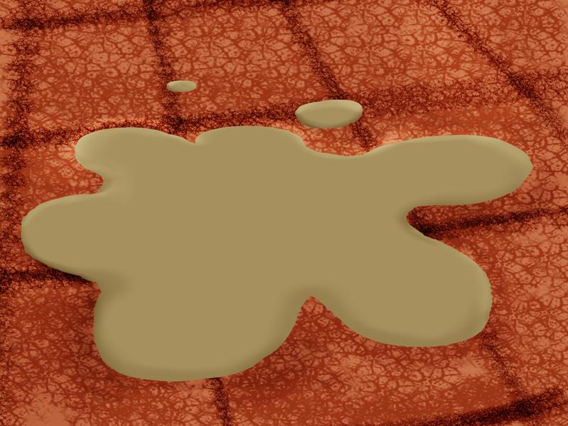 Light chocolate sauce spilled on orange tile floor.