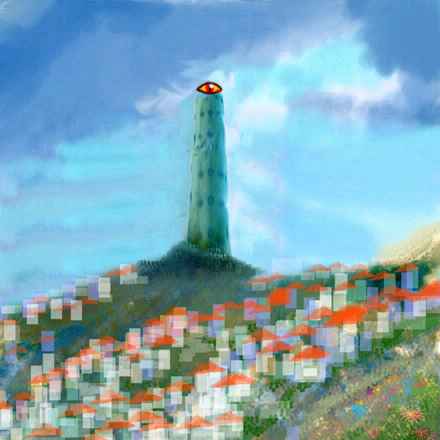 Dream: A thousand-foot stone tower with a staring eye looms over San Francisco.