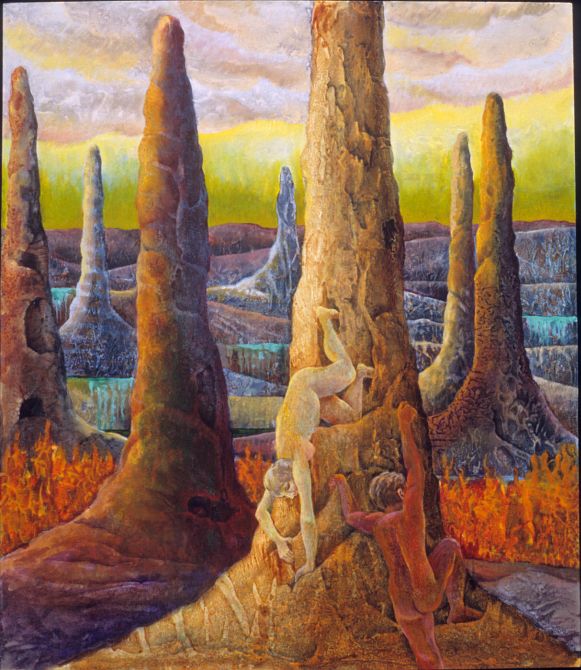 A dream-painting by Jenny Badger Sultan: two naked people climb down golden rock pinnacles as a ring of fire burns below. Click to enlarge.