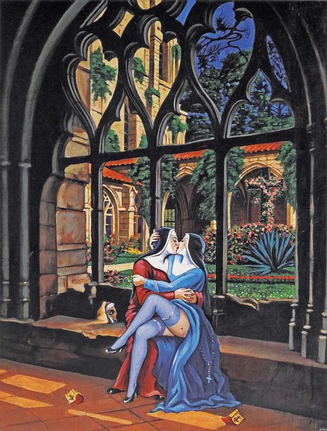 'Reve Claustral' (Cloister Dream) painted 1962 by Clovis Trouille. Click to enlarge.