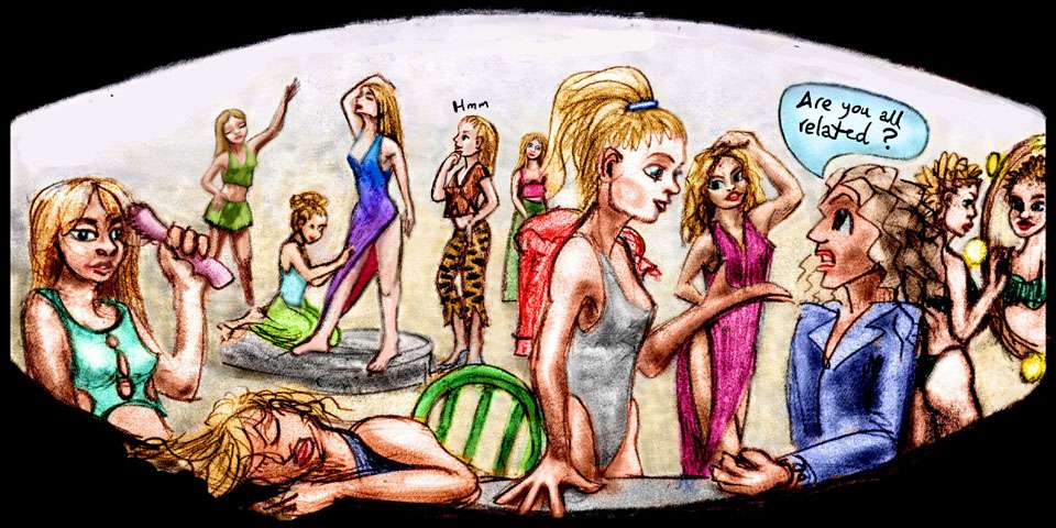 sketch of a dream by Chris Wayan: I'm modeling in a fashion show with ten blonde clones. 