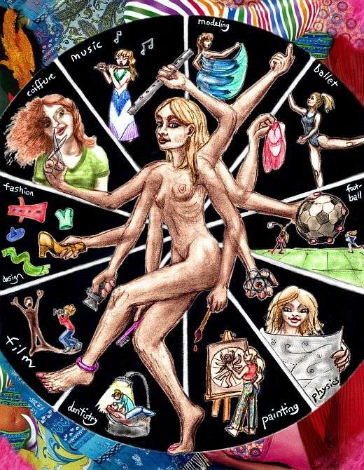 sketch of a dream by Chris Wayan: a ten-armed fashion model dancing like Shiva, in a spoked wheel. Each arm gestures at a different career--film, dentistry, modeling, physics, painting, soccer, music, coiffure, fashion design. Click to enlarge.