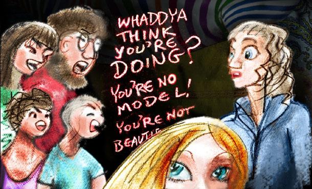 sketch of a dream by Chris Wayan: my relatives disrupt the fashion show I'm modeling in, yelling rude things.