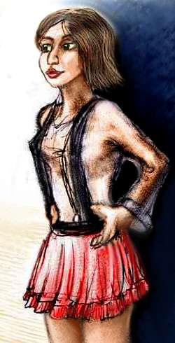 sketch of a dream by Chris Wayan: a long-faced Filipina model in a short pleated red skirt, gauzy lavender blouse, and huge suspenders hiding her nipples. Looks awkward and unwearable.
