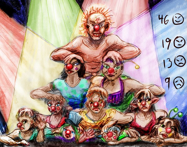 Pyramid of abusive clowns. Nightmare sketch by Wayan. Click to enlarge.