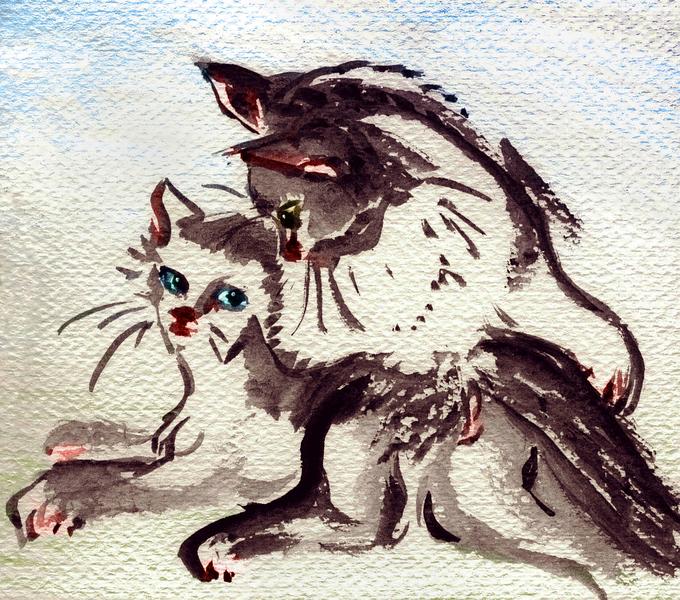 Watercolor sketch of two black and white cats nestled together, from a dream by Chris Wayan: 'Coco Chanel's Pussy.'