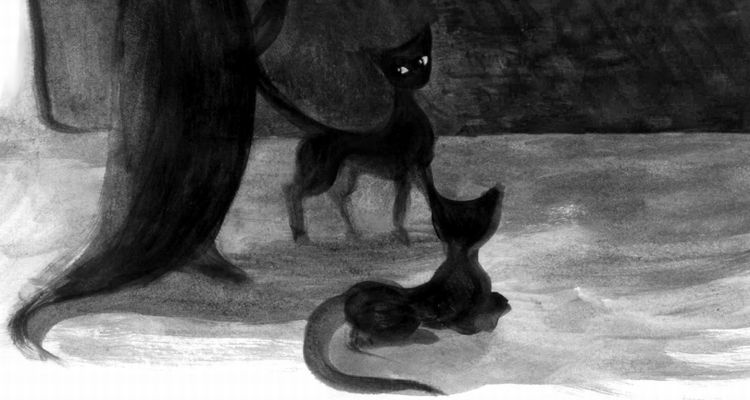 Black and white watercolor sketch of two black cats from a dream by Chris Wayan: 'Coco Chanel's Pussy.'
