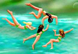 Girls in green swimsuits levitating over deep water. Dream sketch by Wayan.