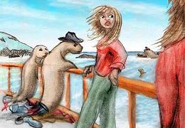 As freighter heads for rocks, crew turns to seals. Dream sketch by Wayan.