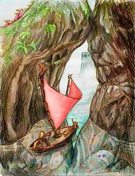 Scene from a dream, 'Fisher Girls', by Wayan, composition after Ithel Colquhoun's 'The Boat'.