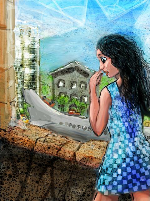 Out a shattered window I see a crashed jet in the street. Dream sketch by Wayan. Click to enlarge.