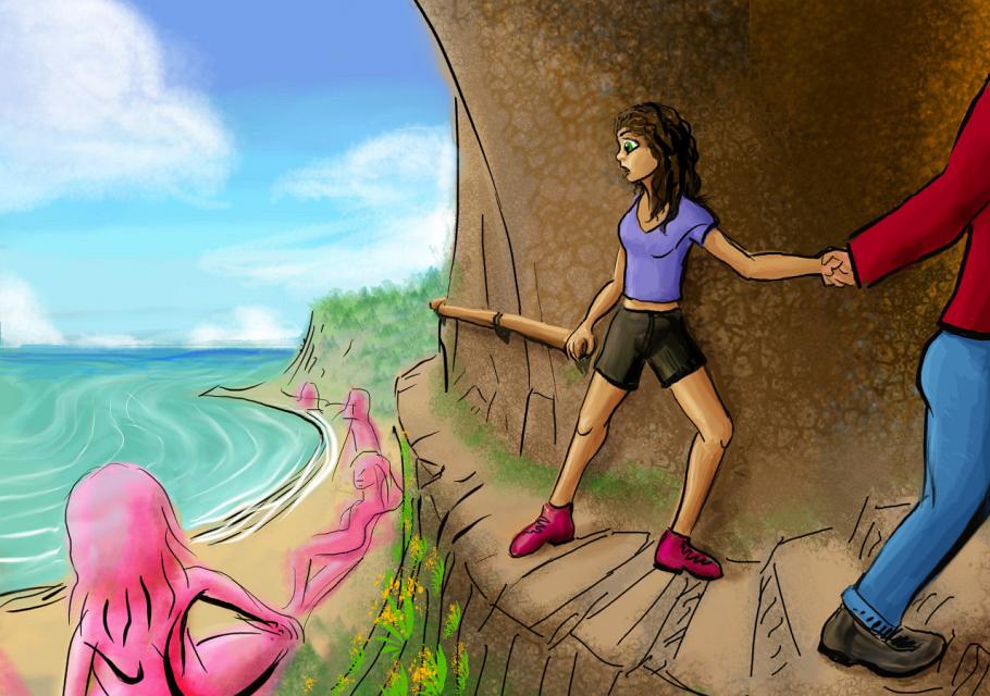 Girl on a narrow trail up a sea-cliff. Dream sketch by Wayan. Click to enlarge.