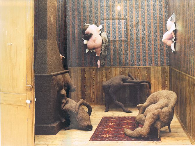 Bodies burst out of hotel walls: soft sculpture by Dorothea Tanning 1970.