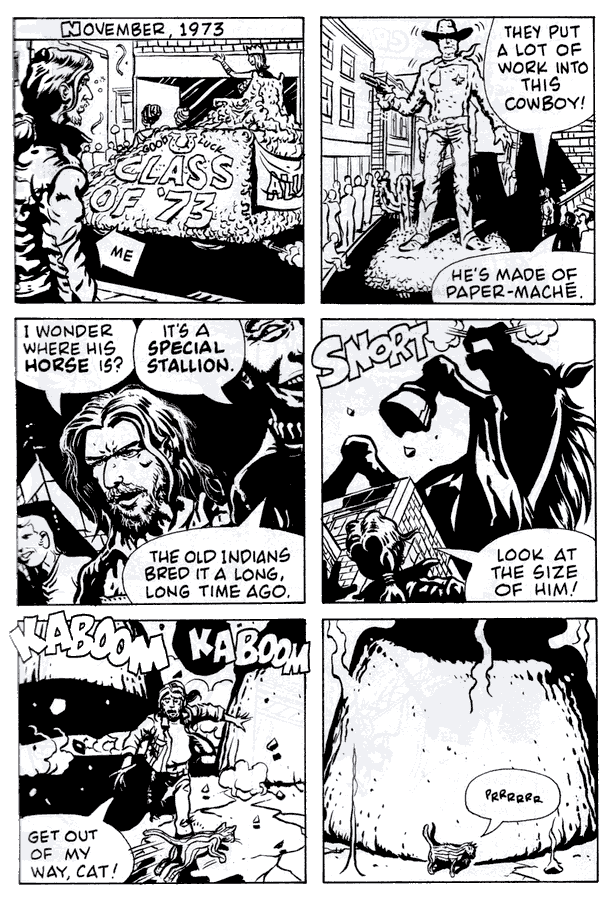 Hollow cowboy, giant horse, friendly cat; a dream-comic by Rick Veitch.