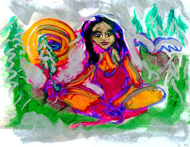 Crayon sketch of a meditator in red-orange.