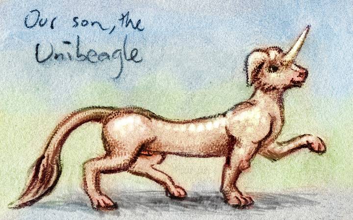 Our child, a unibeagle, a unicorn-beagle-human-krelkin mix. Dream sketch by Wayan. Click to enlarge.