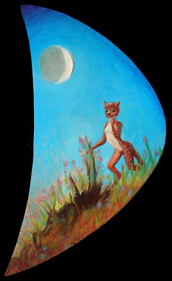 cliff, crescent moon, catperson; actryl brushpainting by Chris Wayan. Click to enlarge.