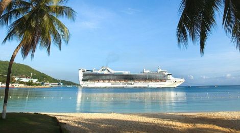 Caribbean island and cruise ship.