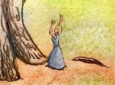 a woman in antique dress gestures at a huge oak; dream sketch by Wayan.