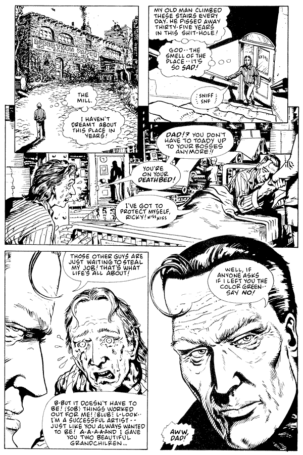 My workaholic dad, on his deathbed, still tries to please his bosses; dream-comic by Rick Veitch. Click to enlarge.