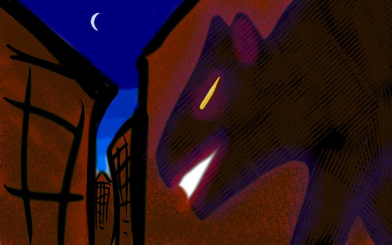 Werewolf shadow on an alley wall. Digital dream sketch by Wayan. Click to enlarge.