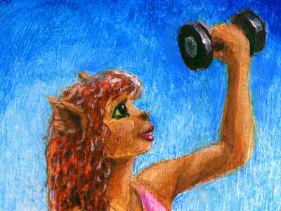 A curly-redheaded fox-girl in profile lifting weights