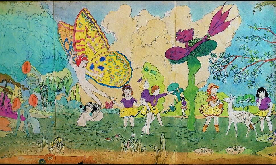 Butterfly-winged Blengin, waders, girl feeding deer; watercolor by Henry Darger. Click to enlarge.