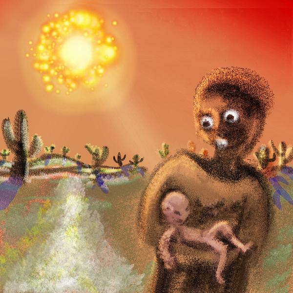 I cradle a dead baby in the hot sun. Dream sketch by Wayan. Click to enlarge.
