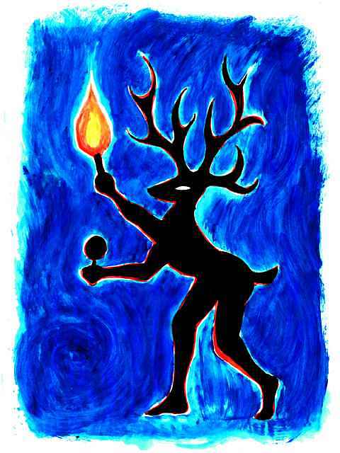 Silhouette of a deer-shaman with raised torch, on blue